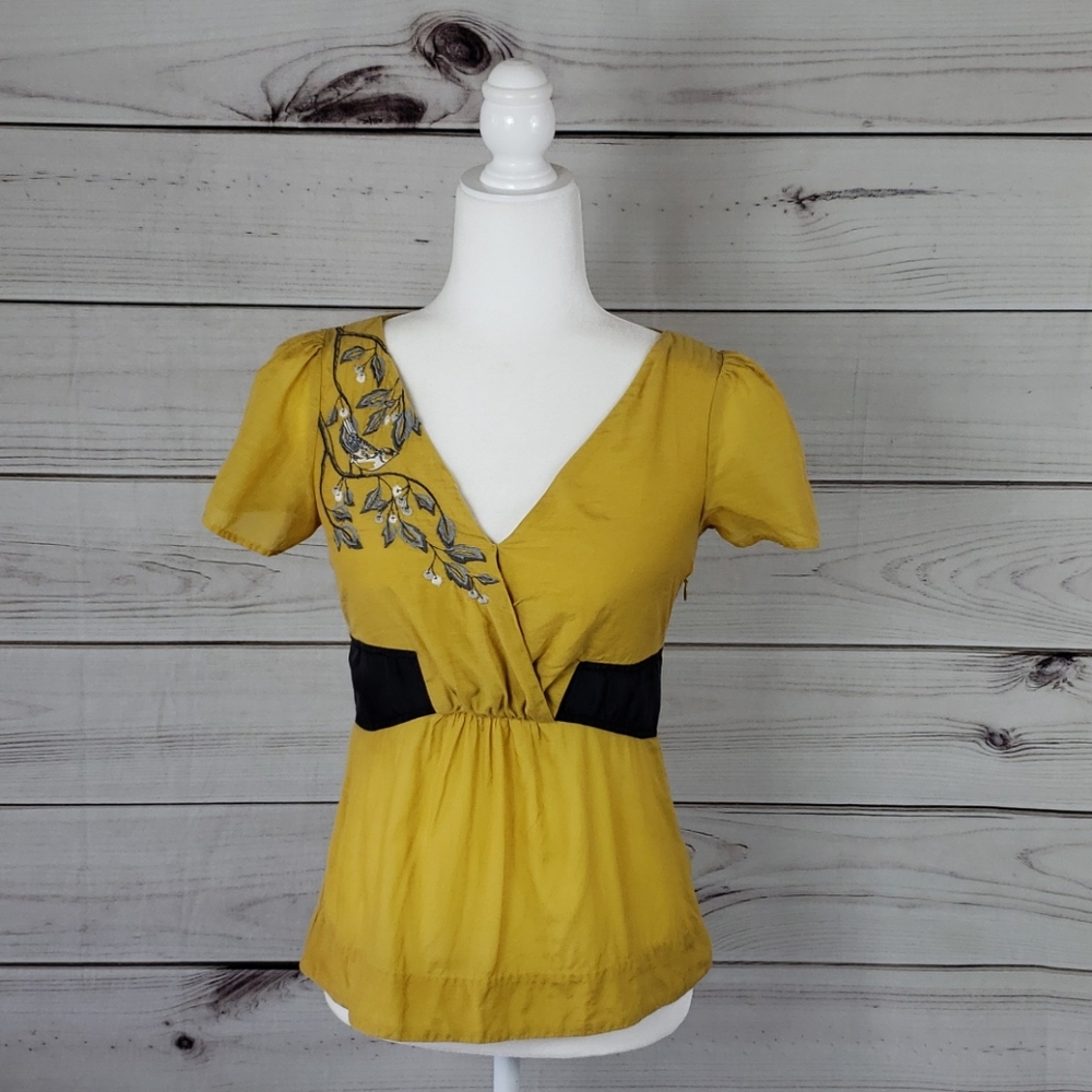 Anthropologie Mustard Yellow Wrap V-Neck Blouse with Black Waist Panels